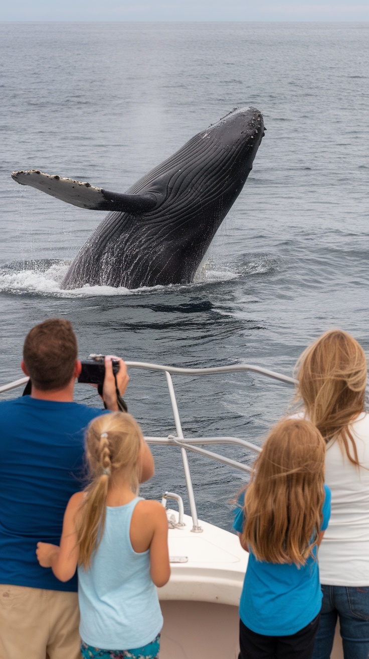 A family enjoying whale watching on a boat, watching a whale breach the water.