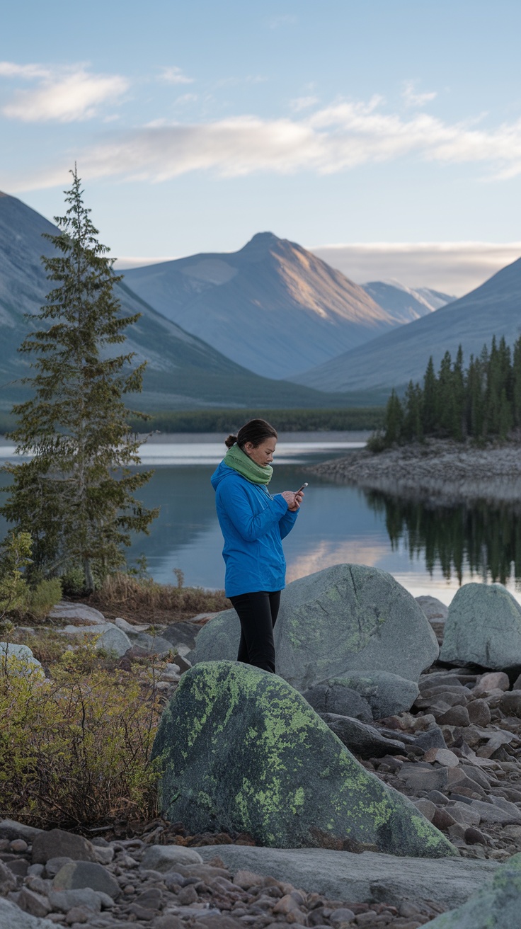 A person in a blue jacket using a smartphone by a serene lake surrounded by mountains
