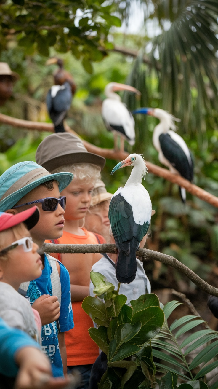 Children observing birds in a nature reserve during a Caribbean cruise.