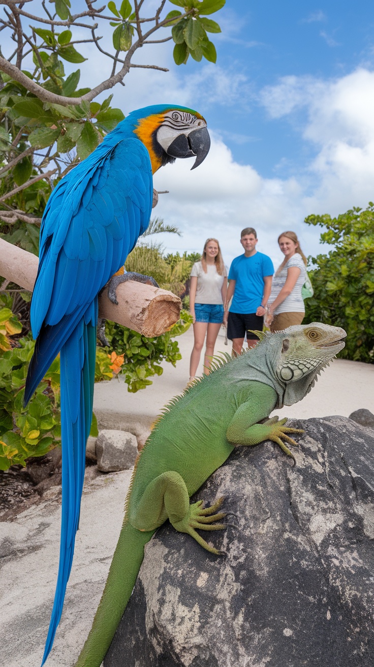 A vibrant blue parrot perched on a branch with a green iguana on a rock, while a family of four enjoys their time in the background.