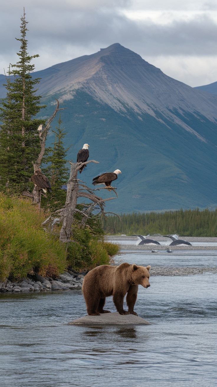 A bear standing on a rock in a river with eagles perched on nearby trees and whales visible in the background.