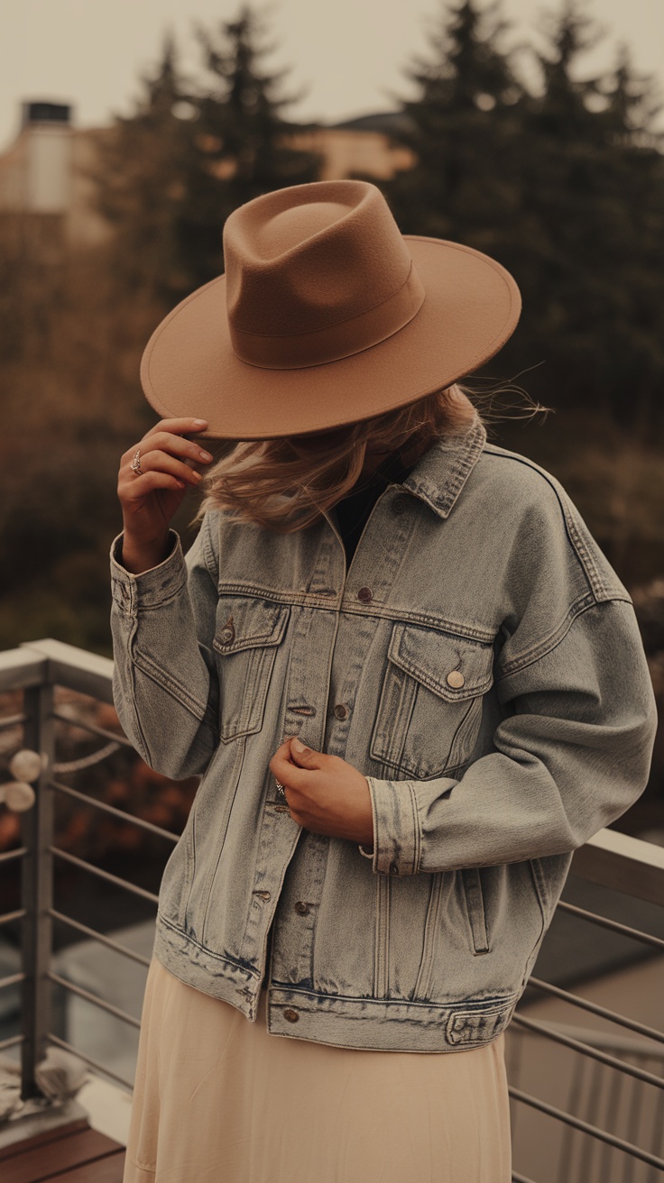 A woman wearing a denim jacket and a wide-brimmed hat, with her hand adjusting the hat on a deck.