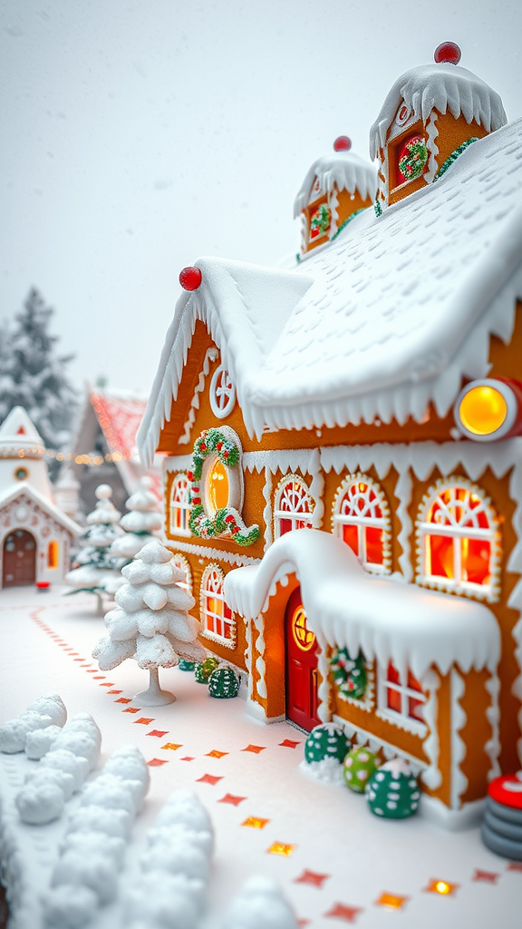 A beautifully decorated gingerbread house covered in snow, with festive lights and decorations.