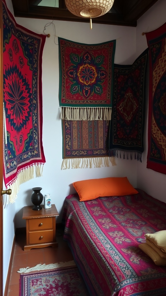 A small bedroom with colorful tapestries on the walls, a bed with an orange pillow, and a wooden side table.