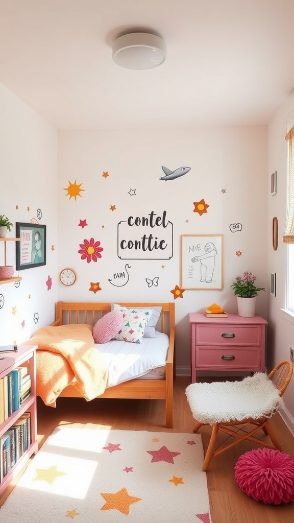 Colorful wall decals in a small bedroom featuring stars, butterflies, and playful designs.