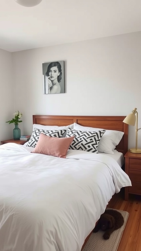 A cozy small bedroom with a wooden bed, decorative pillows, a nightstand with a lamp and a plant, and a dog on a rug.