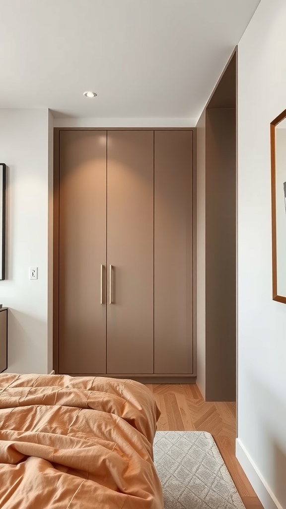 A small bedroom featuring a built-in wardrobe, cozy bedding, and warm wooden flooring.