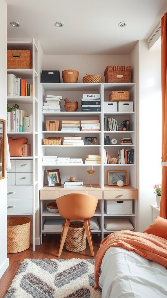 Color-coded organizing in a small bedroom with a shelving unit, desk, and cozy decor.