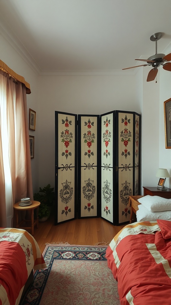 A cozy small bedroom featuring two beds and a decorative folding screen that separates the space.