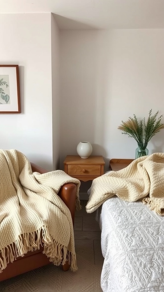 A small bedroom scene showing a sofa and bed with cozy throws, a side table, and decorative plants.