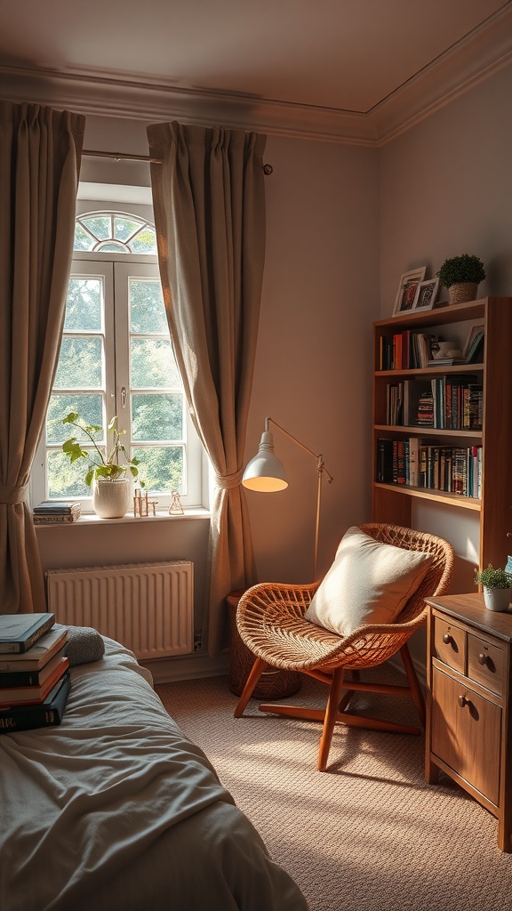 Cozy reading nook in a small bedroom with a chair, window, and bookshelf