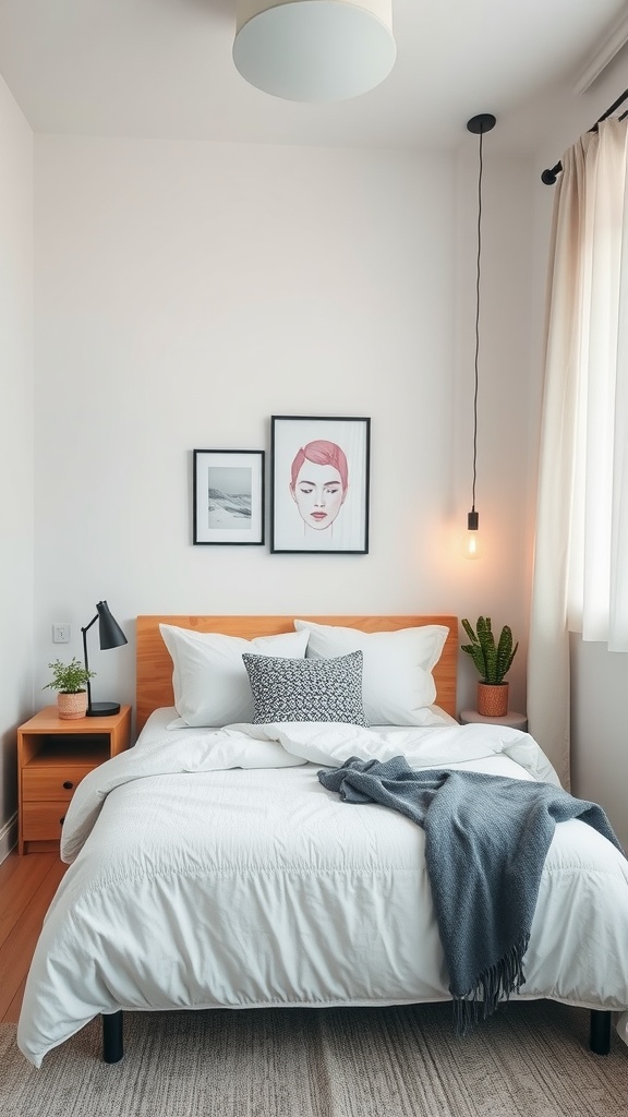 A small bedroom featuring a neatly made bed, minimalist decor, and soothing colors.