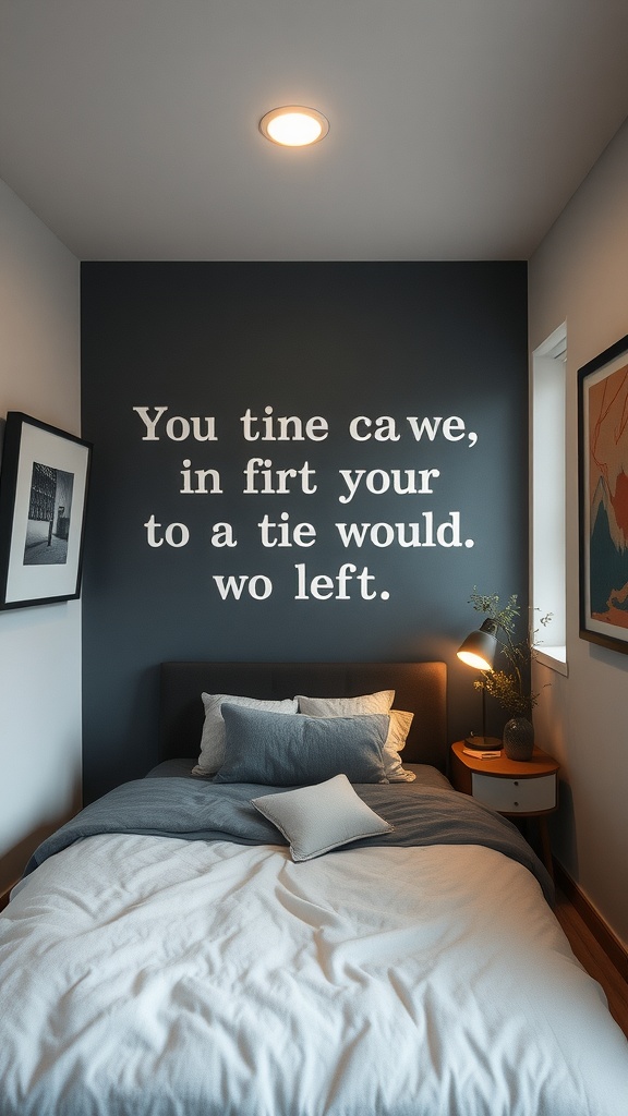 A small bedroom with a bold accent wall featuring text, contrasting with light bedding and decor.