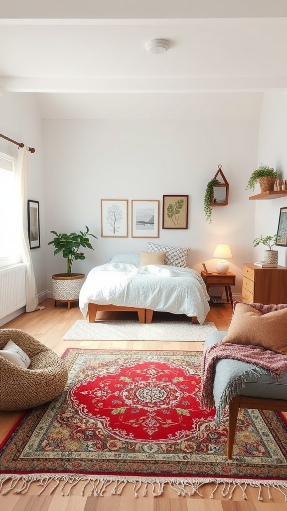 A small bedroom featuring a red area rug defining a cozy seating space with a bean bag.