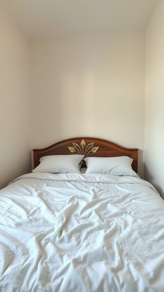 Wooden headboard with floral design in a small bedroom