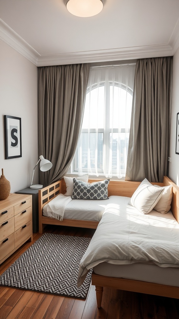 A small bedroom featuring a stylish daybed with neutral bedding and decorative pillows.