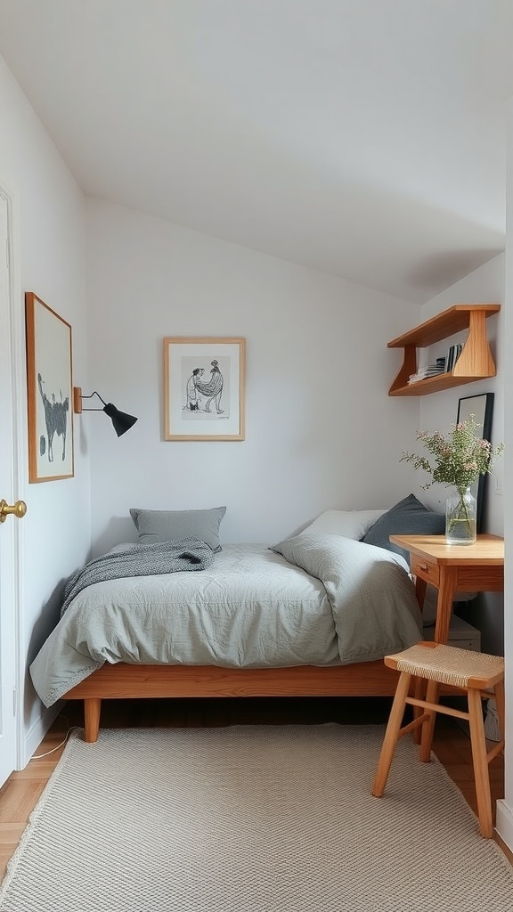 A small Scandinavian-style bedroom featuring a bed with gray bedding, wooden furniture, and minimalist decor.