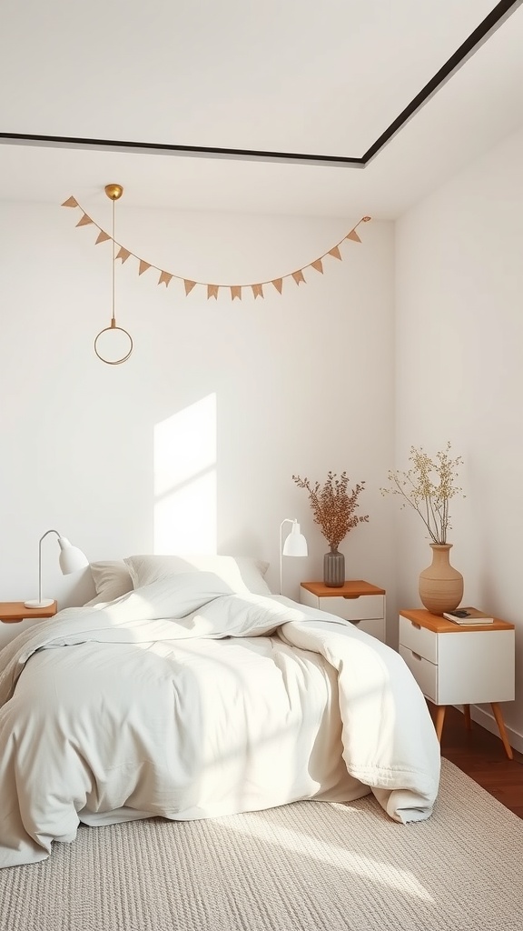 A cozy small bedroom featuring floating nightstands, a comfortable bed, and stylish decor.