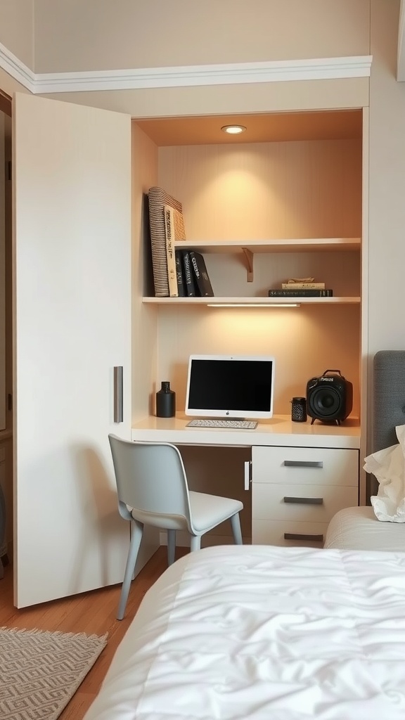 A compact desk setup in a closet with a computer, books, and soft lighting.