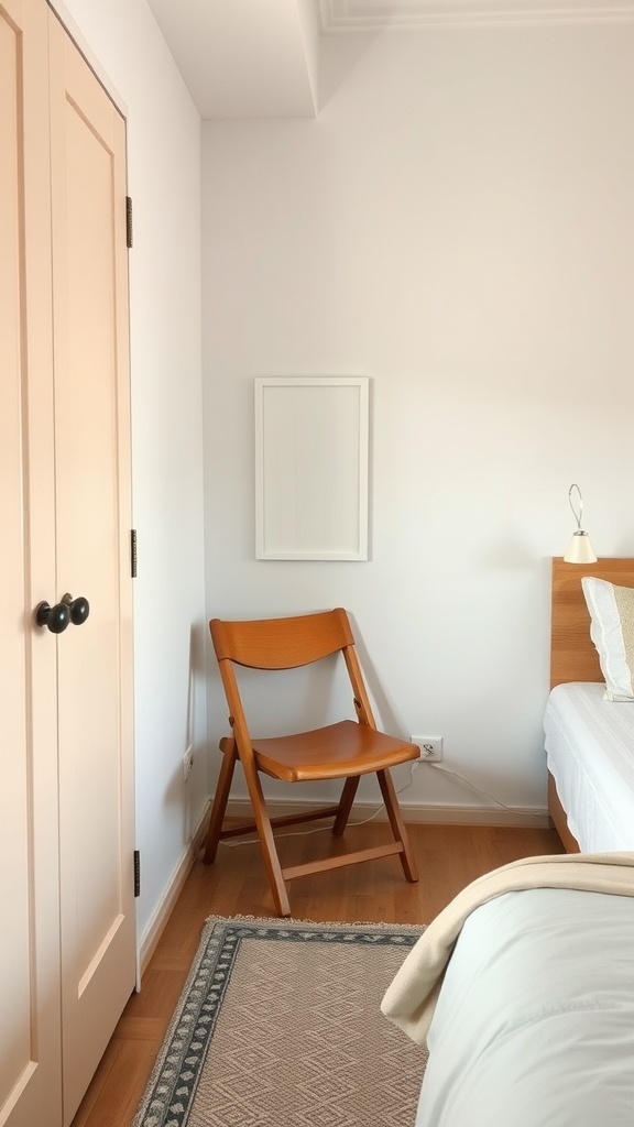 A small wooden folding chair in a bright bedroom corner next to a bed.