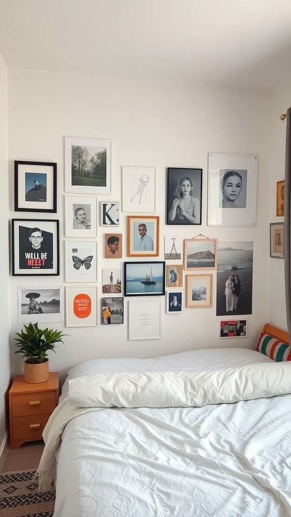 A gallery wall with various framed photographs and art pieces in a small bedroom, showcasing personal style.