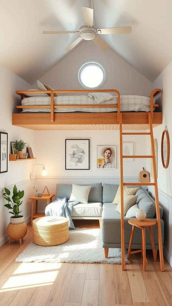 A small bedroom featuring a loft bed above a cozy seating area.