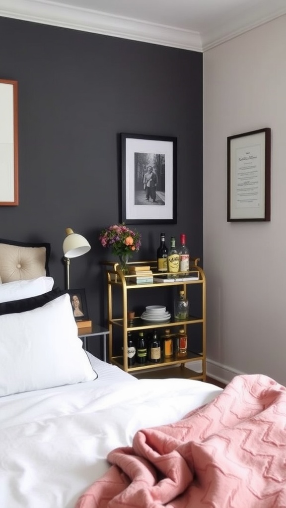 A small gold bar cart in a stylish bedroom, holding various bottles and a vase of flowers.