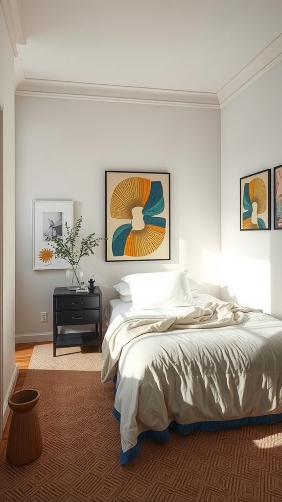 Small bedroom featuring colorful wall art, a cozy bed, and a stylish black nightstand.