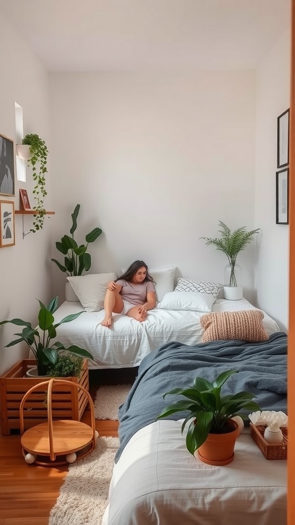 A cozy small bedroom with a person sitting on the bed surrounded by plants and soft decor.