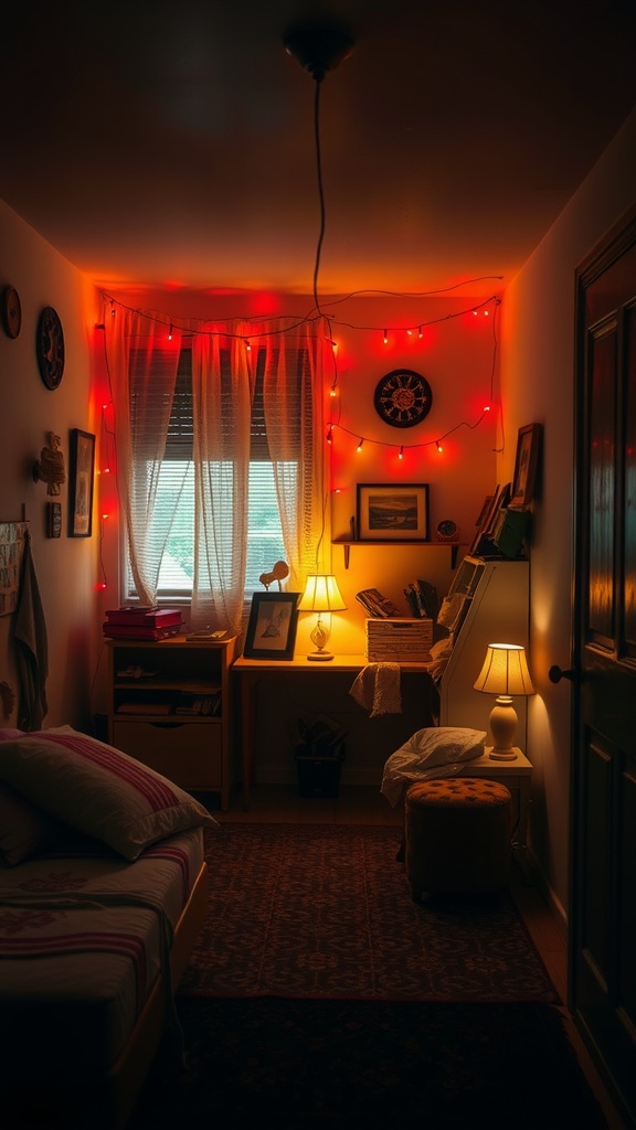 A cozy small bedroom with layered lighting, featuring string lights, bedside lamps, and soft curtains.