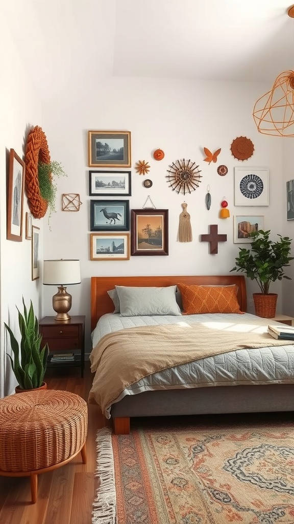 A small bedroom with layered wall decor including framed pictures, decorative items, and plants.