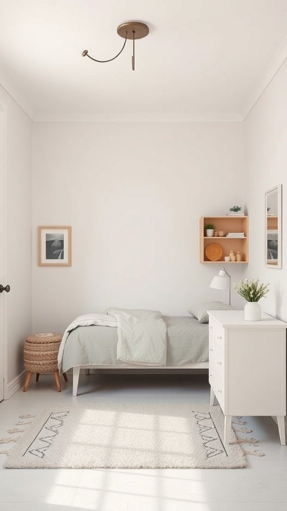 Small bedroom with light color palette, white furniture, and minimal decor.