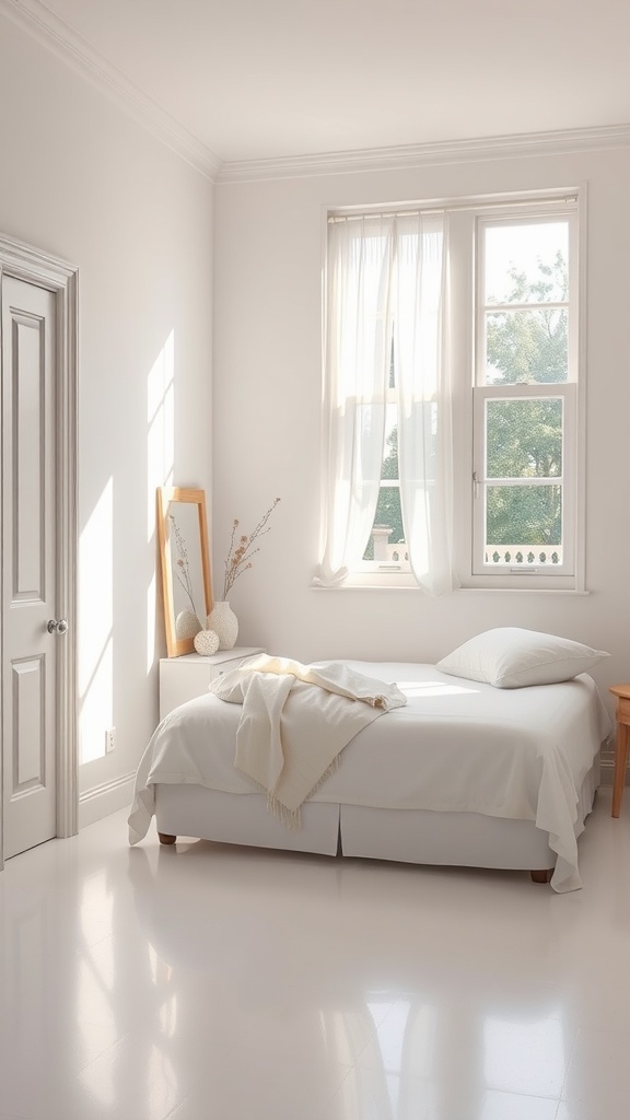 A small bedroom featuring a light color palette with a bed, soft furnishings, and natural light.