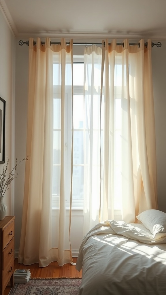 A small bedroom featuring lightweight curtains that allow natural light to fill the space.