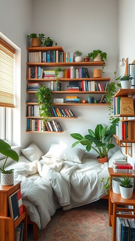 A small bedroom with shelves filled with books and plants, maximizing vertical space.