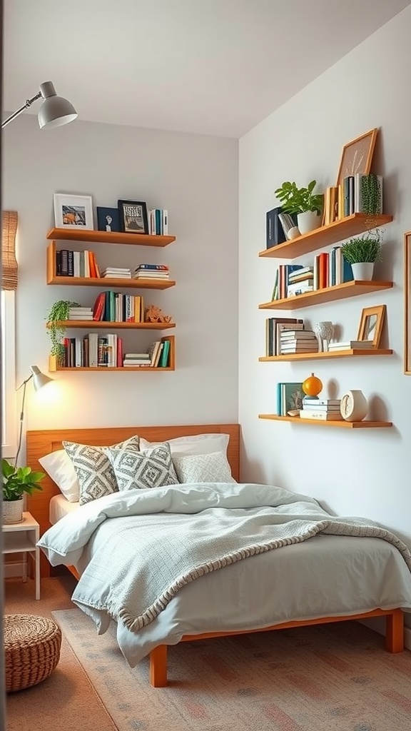 A small bedroom featuring floating shelves with books and plants, a bed with decorative pillows, and a cozy atmosphere.