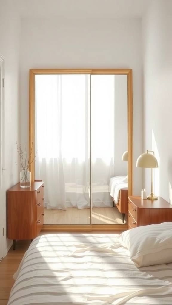 A small bedroom with a large mirror reflecting natural light, wooden furniture, and a cozy atmosphere.