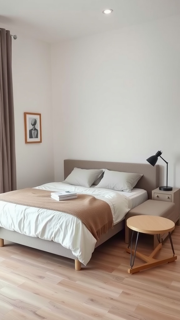 A small bedroom featuring a bed with soft linens, a compact side table, and a stylish lamp.