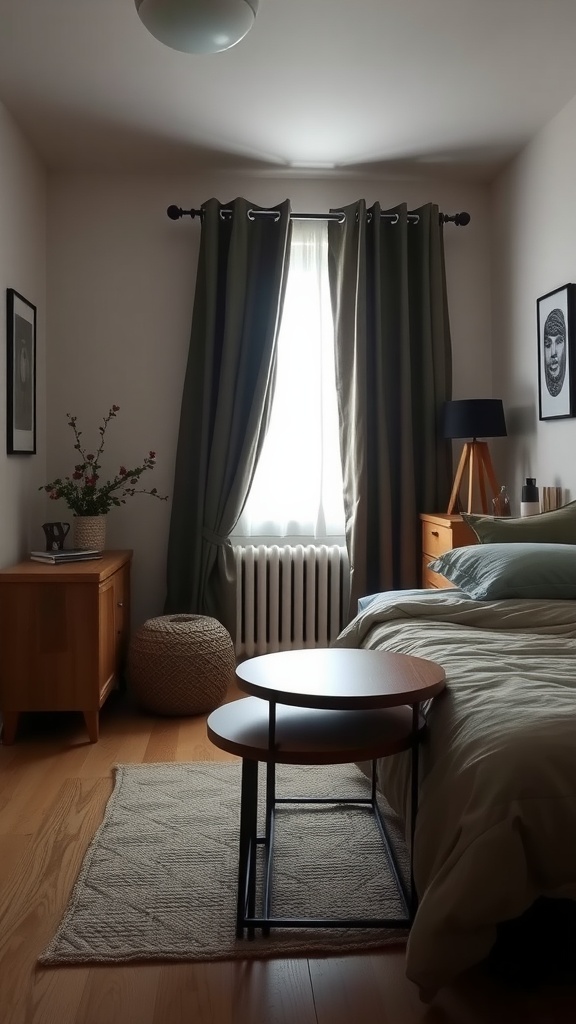 A small bedroom featuring nesting tables beside a bed with warm tones and cozy decor.