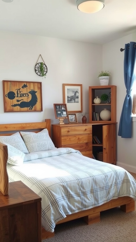 A cozy small bedroom featuring wooden pallet furniture with a bed, bedside tables, and rustic decorations.