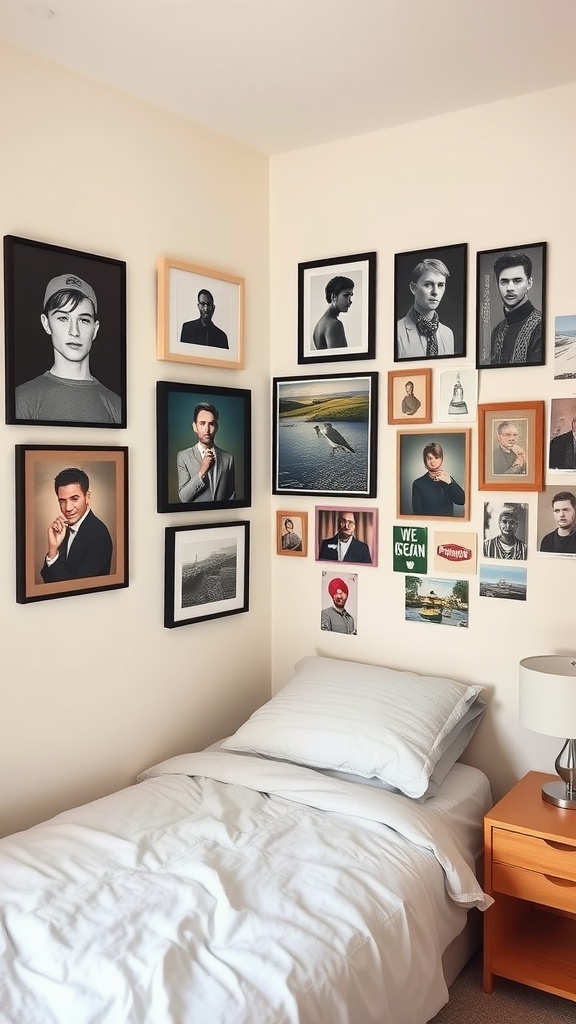 A small bedroom featuring a bed and a wall filled with various framed pictures and art.