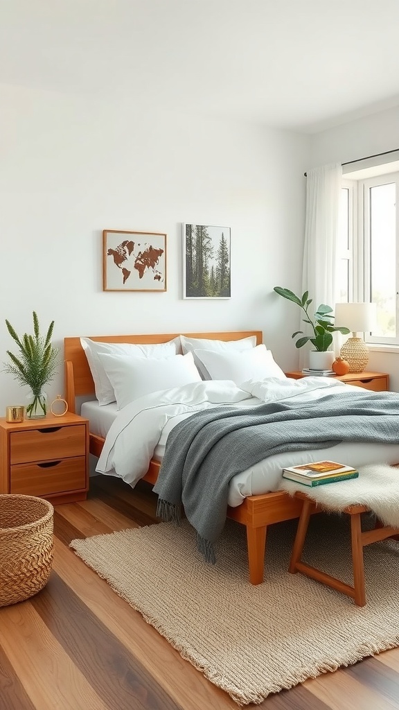 A cozy small bedroom with a warm color palette, featuring a wooden bed, gray blanket, and natural decor elements.