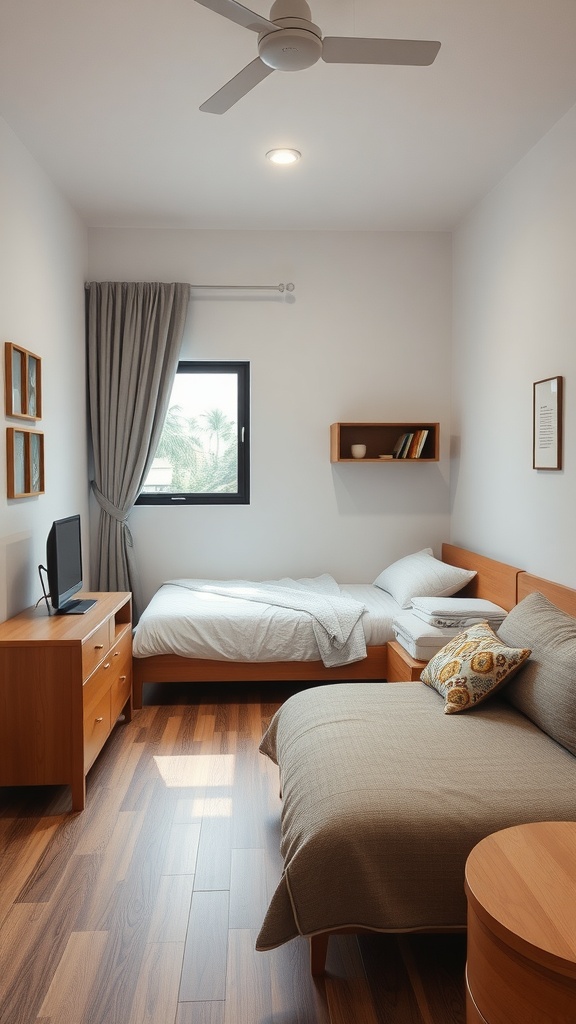 A cozy small bedroom with strategic furniture arrangement.