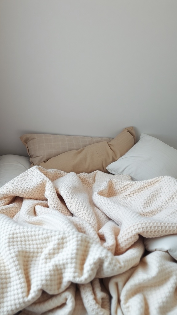 A cozy bed with textured bedding and pillows in a small bedroom.