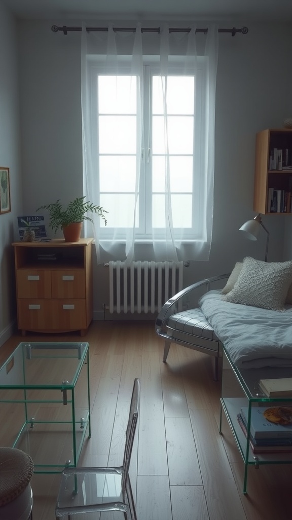 A small bedroom featuring translucent furniture, including glass tables and a ghost chair, with sheer curtains allowing natural light.