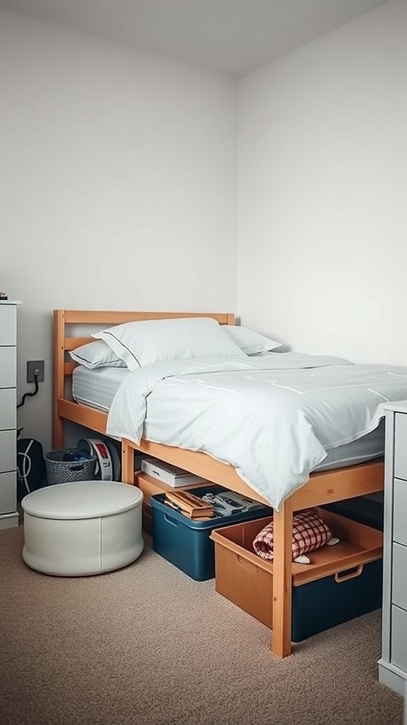 A small bedroom featuring a bed with under-bed storage, bins, and an ottoman.