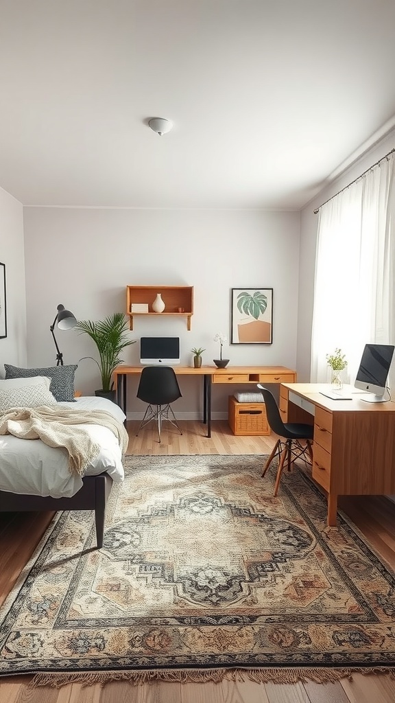 A cozy small bedroom with a rug defining the sleeping and workspace areas.