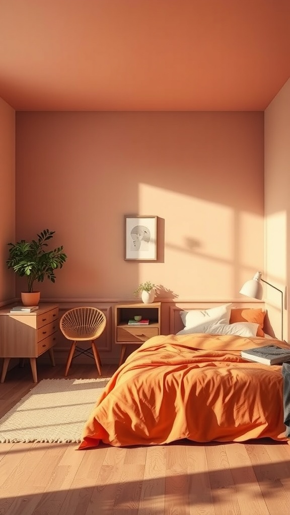 Cozy small bedroom with peach walls, orange bedding, and a plant by the bedside