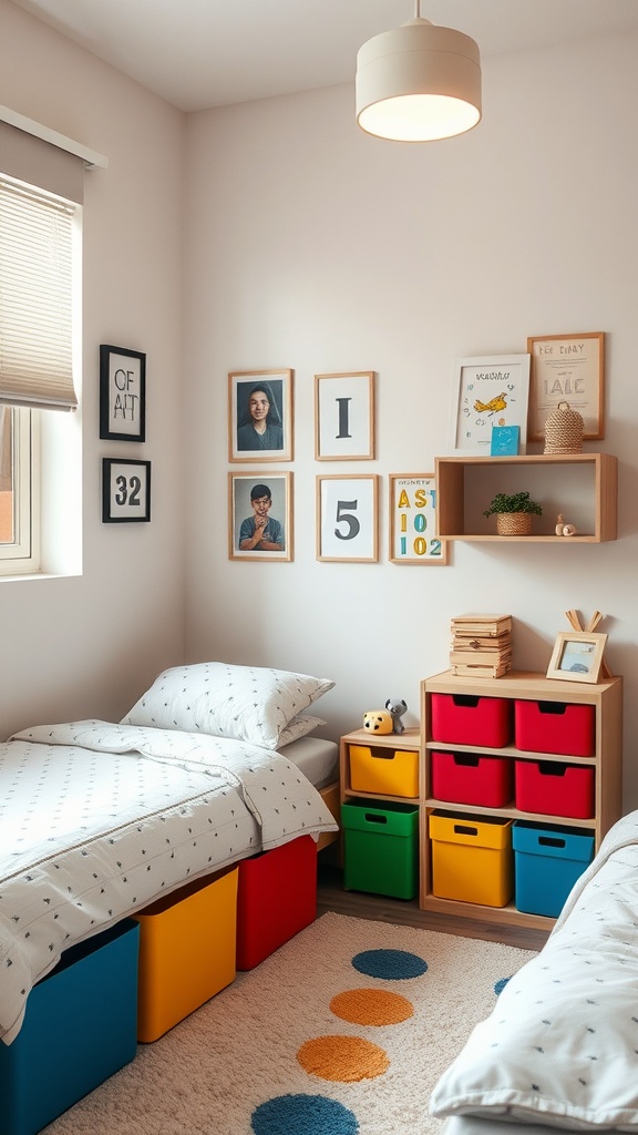 A small bedroom with colorful storage bins under the beds, framed pictures on the wall, and a cozy rug.