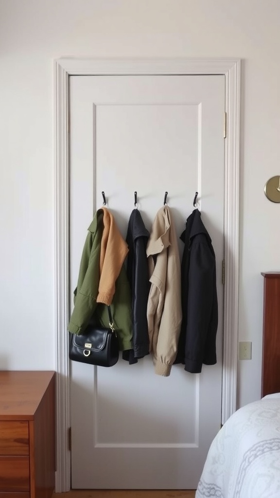 Coats and a handbag hanging on hooks on a white bedroom door.